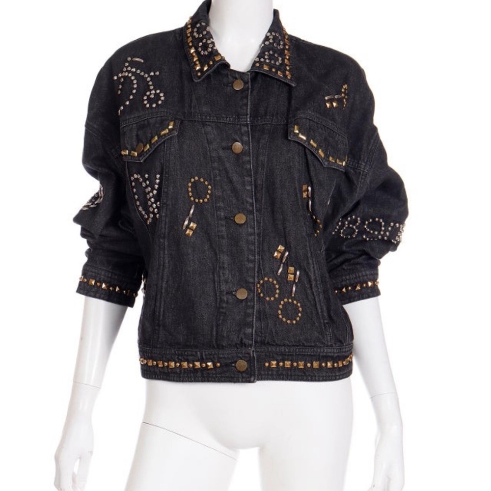Donna Karan DKNY 1989 Black Denim Jacket W Studded Bicycles NY Paris Scooters